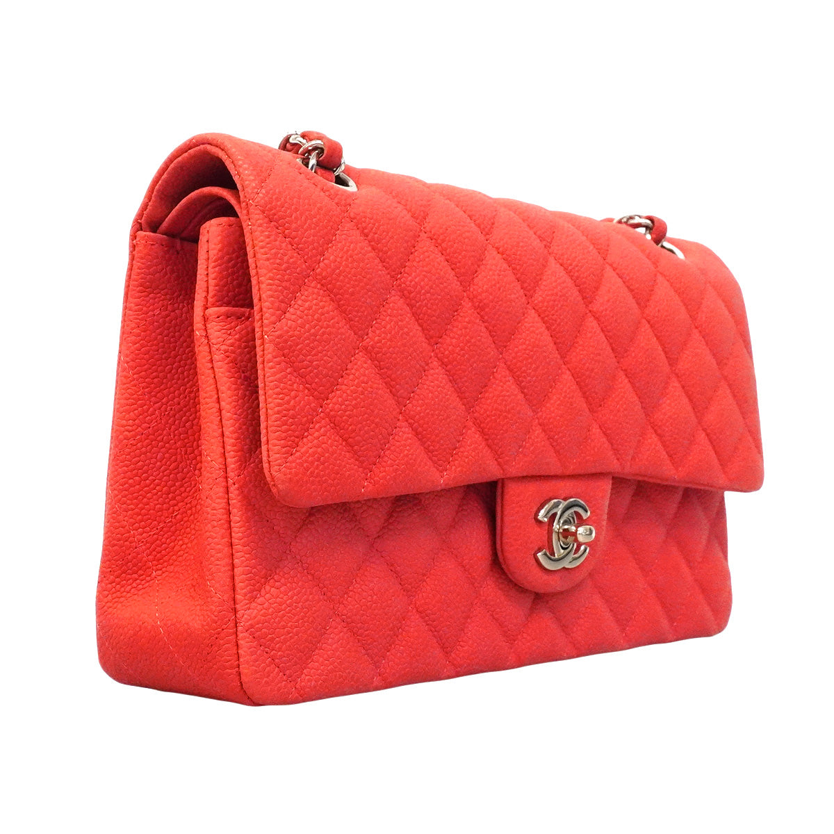 【6hb1356】シャネル ショルダーバッグ マトラッセ Wフラップ Wチェーン キャビアスキン レッド シルバー金具【中古】レディース