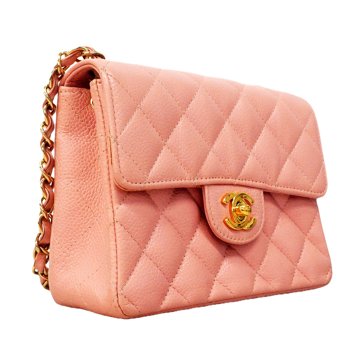 【6hb1358】シャネル ショルダーバッグ ミニマトラッセ チェーンショルダー キャビアスキン ピンク ゴールド金具【中古】レディース