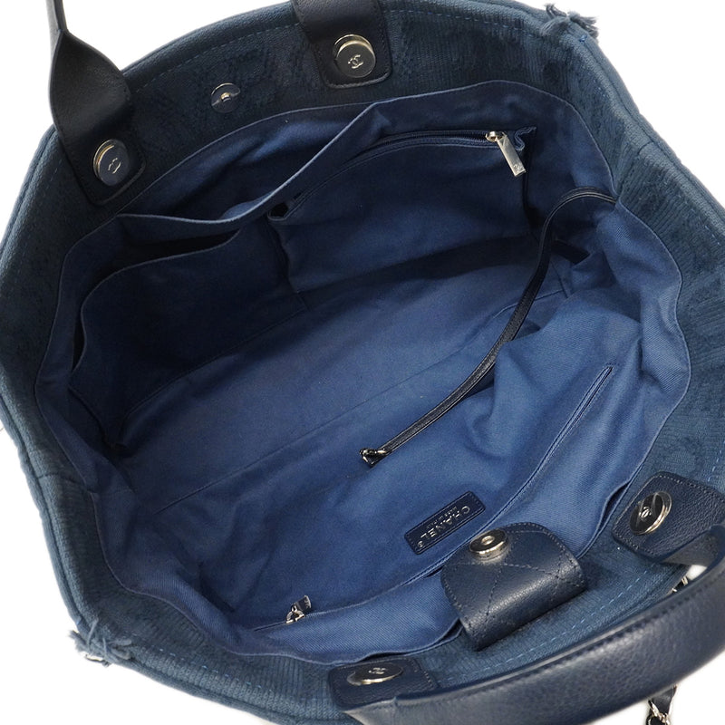 【6hb1362-k】シャネル チェーントート ドーヴィル コットン ネイビー シルバー金具 2wayバッグ【中古】レディース