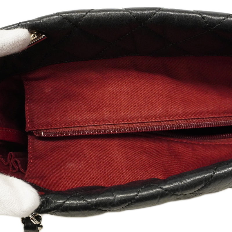 【6hb1365-k】シャネル チェーントート カンボン カーフスキン ブラック シルバー金具【中古】レディース