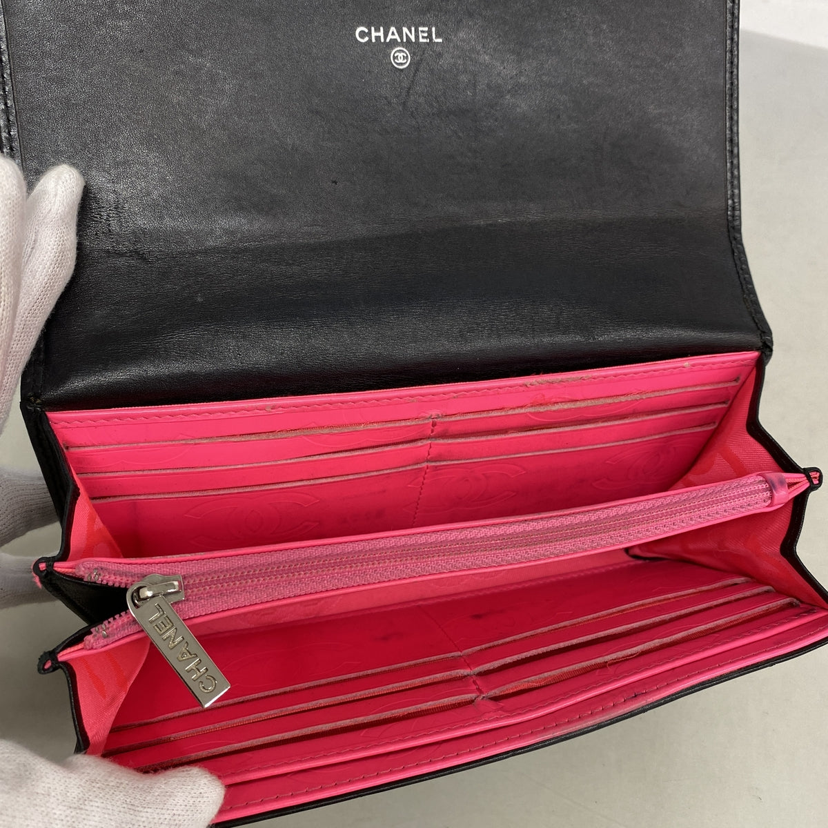 【6hb1392-k】シャネル 長財布 カンボン ラムスキン ブラック シルバー金具【中古】レディース