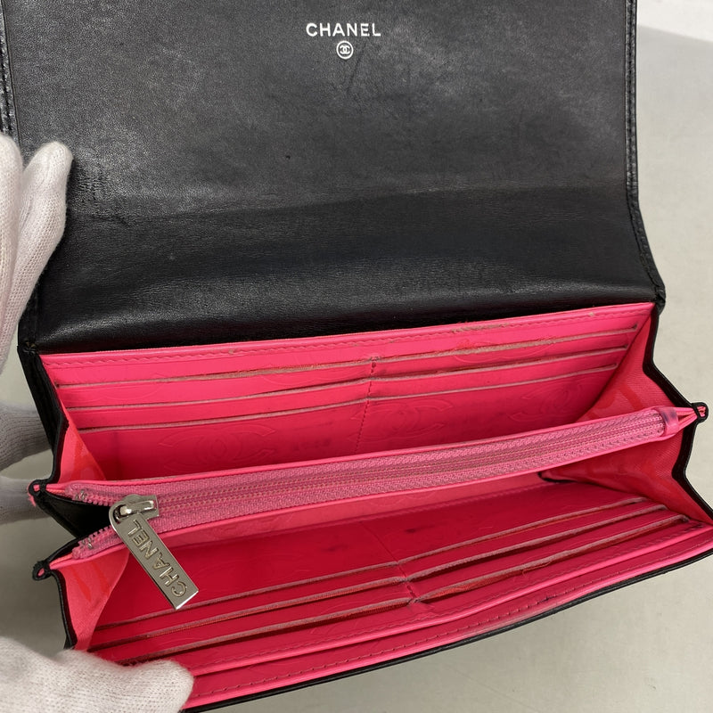 【6hb1392-k】シャネル 長財布 カンボン ラムスキン ブラック シルバー金具【中古】レディース