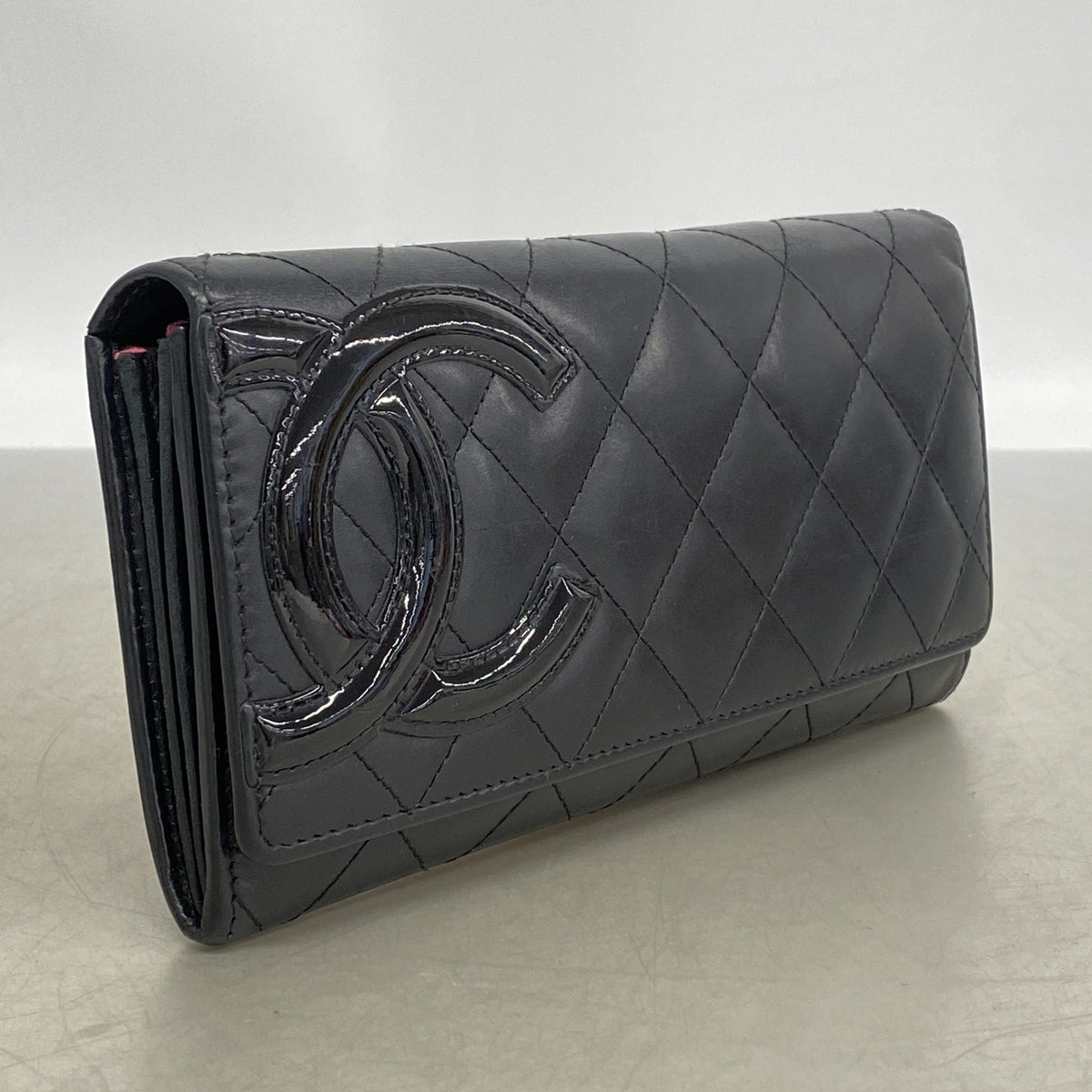 【6hb1392-k】シャネル 長財布 カンボン ラムスキン ブラック シルバー金具【中古】レディース