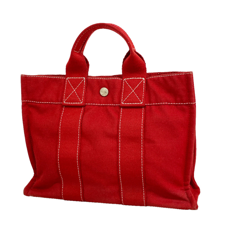 【6hb1427-k】エルメス トートバッグ ドーヴィルPM キャンバス レッド シルバー金具【中古】レディース