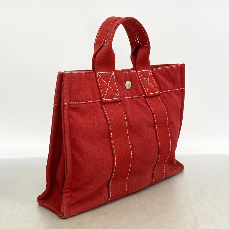 【6hb1427-k】エルメス トートバッグ ドーヴィルPM キャンバス レッド シルバー金具【中古】レディース