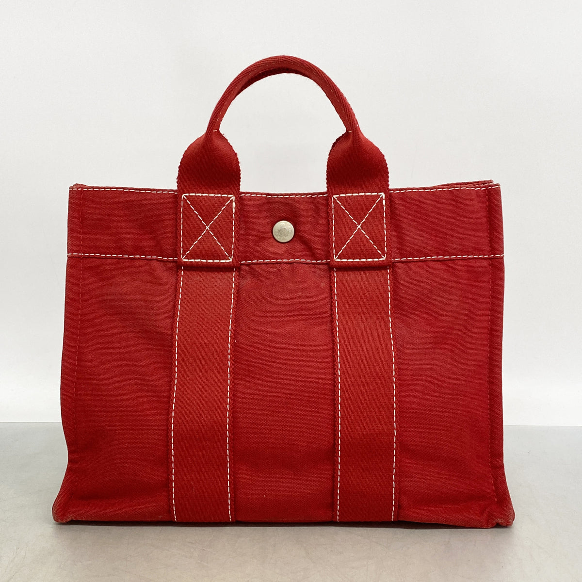 【6hb1427-k】エルメス トートバッグ ドーヴィルPM キャンバス レッド シルバー金具【中古】レディース