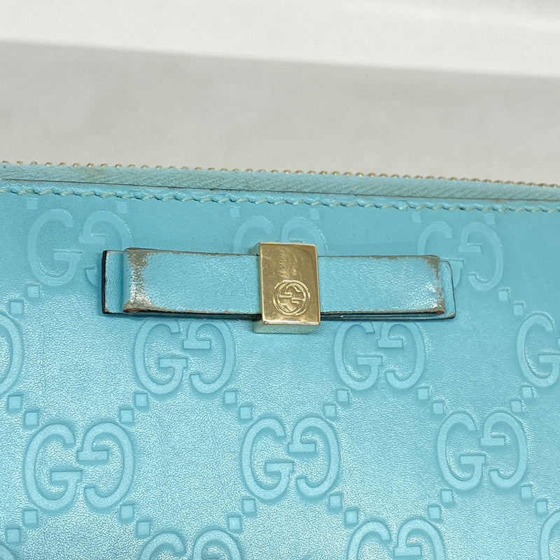 【6hb1431-k】グッチ 長財布 グッチシマ 388680 レザー ライトブルー ゴールド金具【中古】レディース