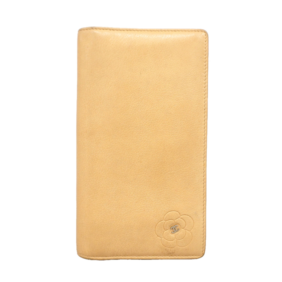 【6hb1459-k】シャネル 長財布 カメリア レザー ベージュ シルバー金具【中古】レディース