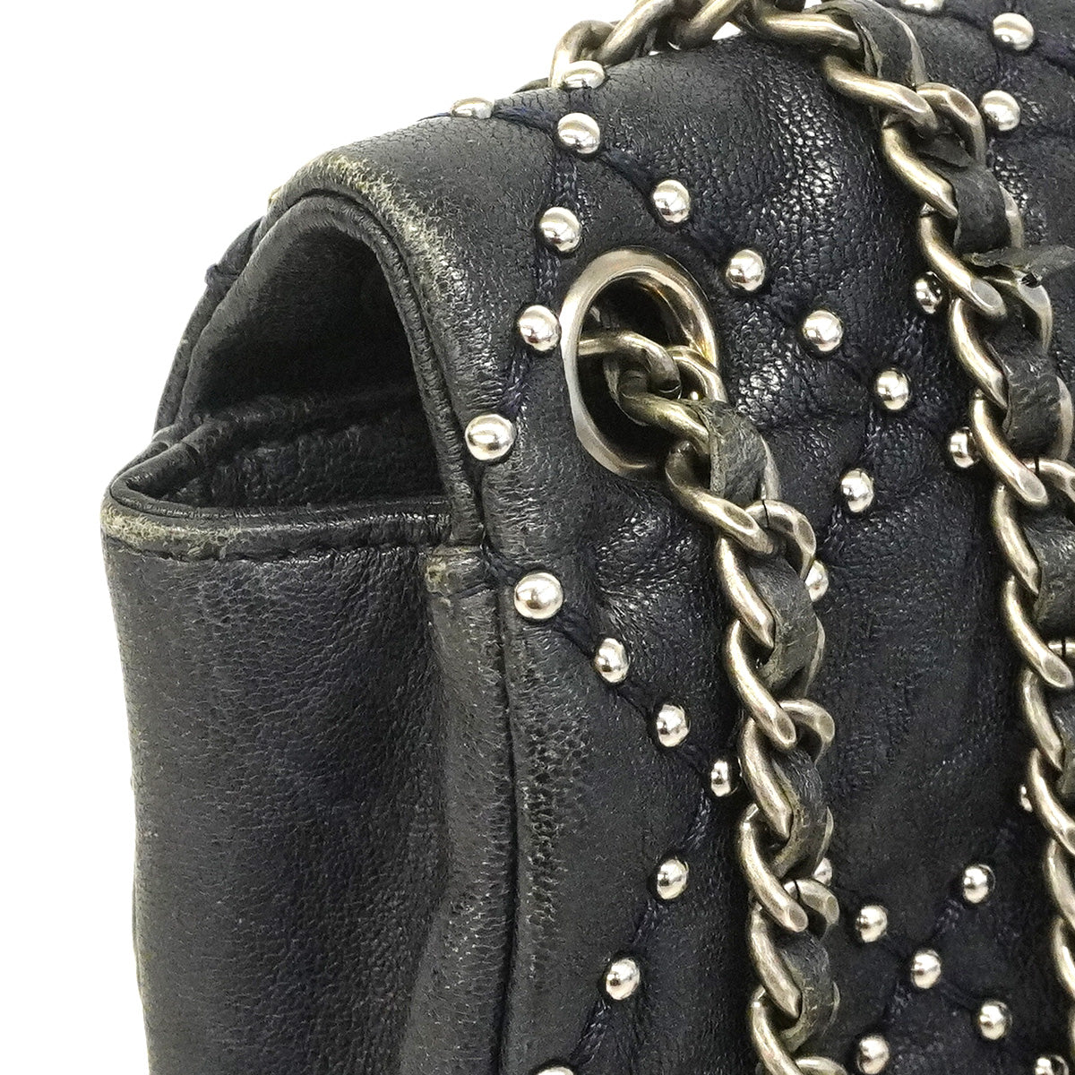 【6hb1481-k】シャネル ショルダーバッグ マトラッセ Wチェーン スタッズ レザー ブラック シルバー金具【中古】レディース