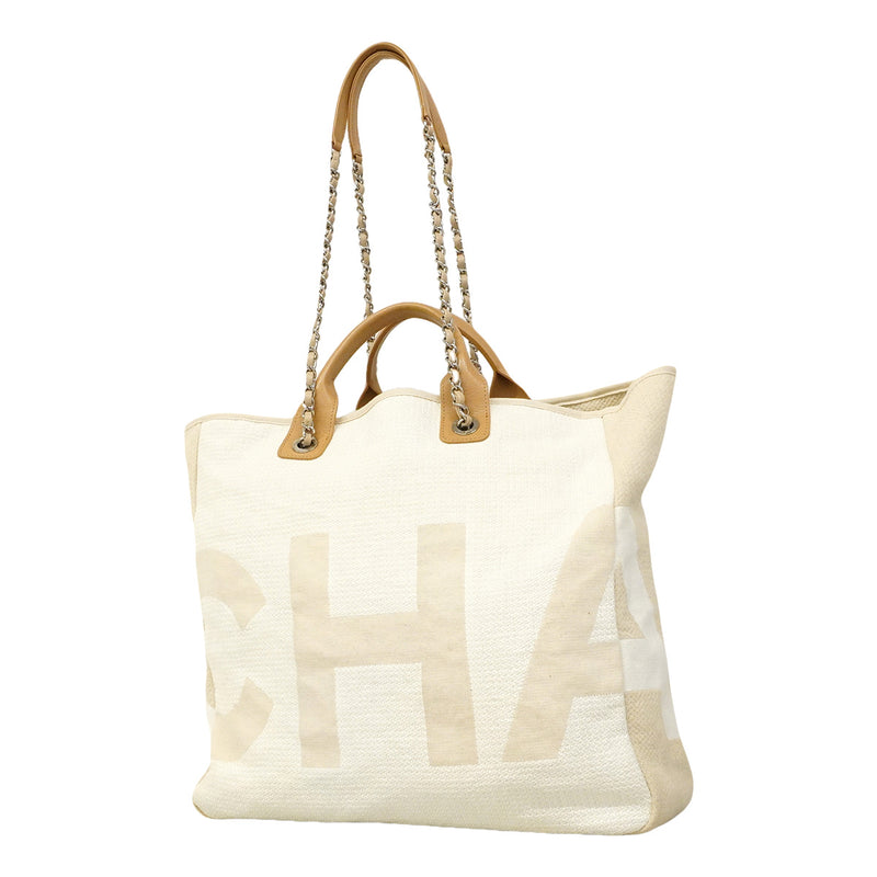 【6hb1483-k】シャネル ハンドバッグ ドーヴィル チェーンショルダー キャンバス ベージュ シルバー金具 2wayバック【中古】レディース