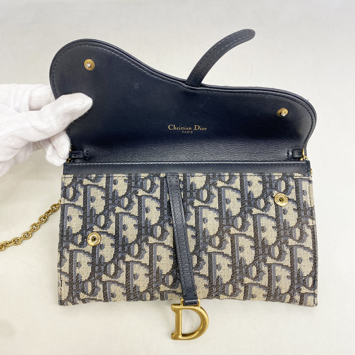 【6hc1556-h】クリスチャンディオール ショルダーウォレット オブリーク サドル キャンバス ネイビー ゴールド金具【中古】レディース