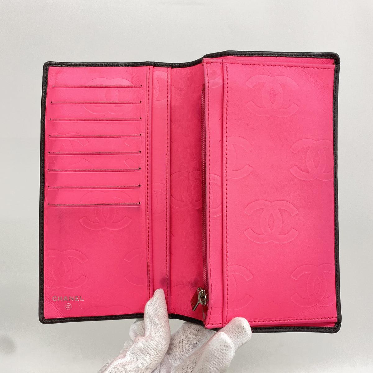 【6hc1577-k】シャネル 長財布 カンボン ラムスキン ブラック シルバー金具【中古】レディース