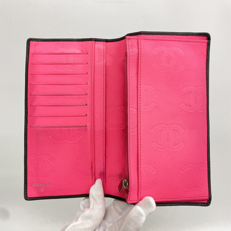 【6hc1577-k】シャネル 長財布 カンボン ラムスキン ブラック シルバー金具【中古】レディース