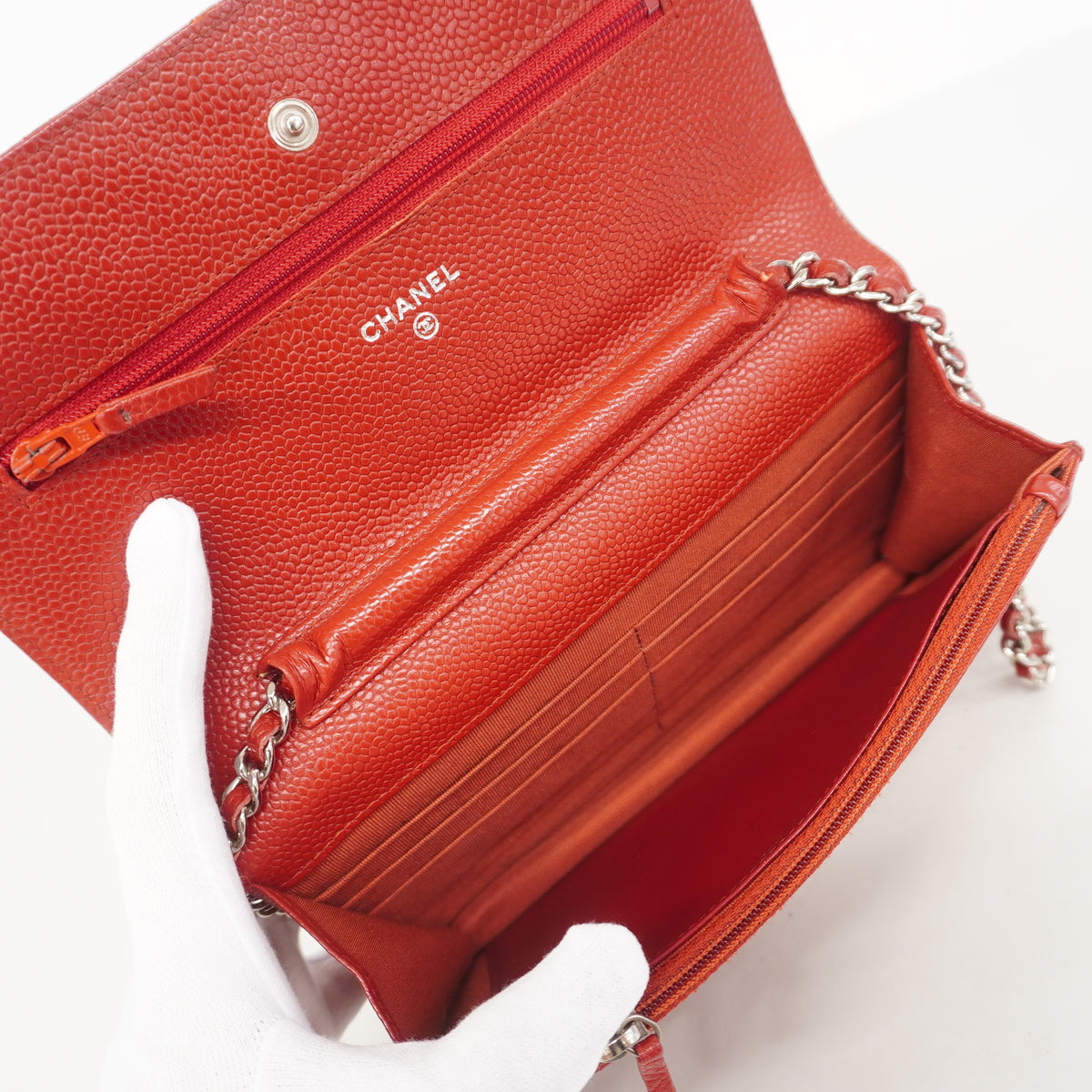 【6hc1595-k】シャネル ショルダーウォレット マトラッセ チェーンショルダー キャビアスキン レッド シルバー金具【中古】レディース
