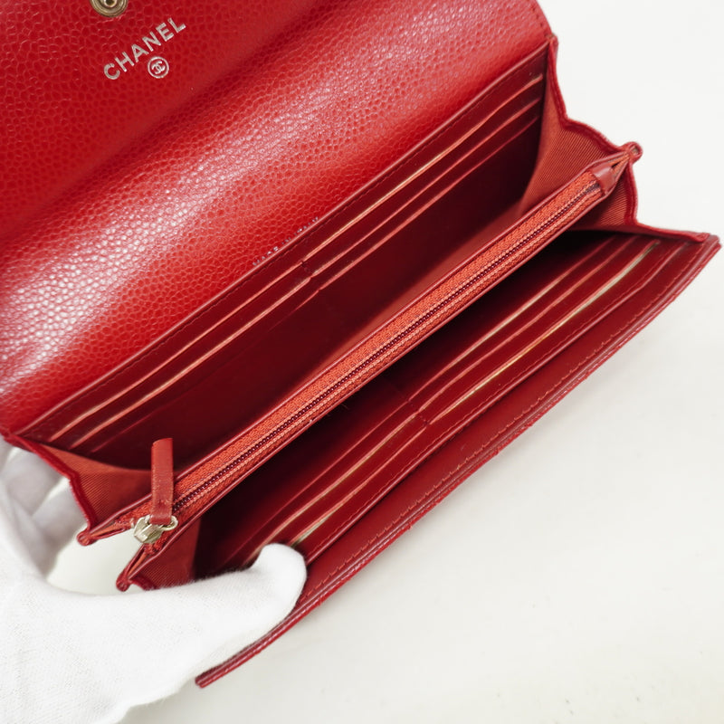 【6hc1733-k】シャネル 長財布 マトラッセ キャビアスキン レッド シルバー金具【中古】レディース