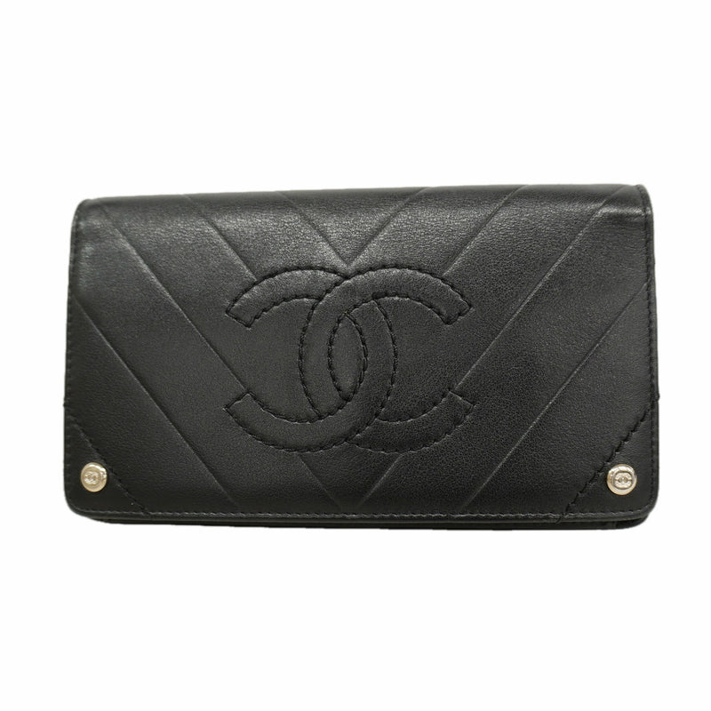【6hc1752-k】シャネル 長財布 Vステッチ レザー ブラック シルバー金具【中古】レディース