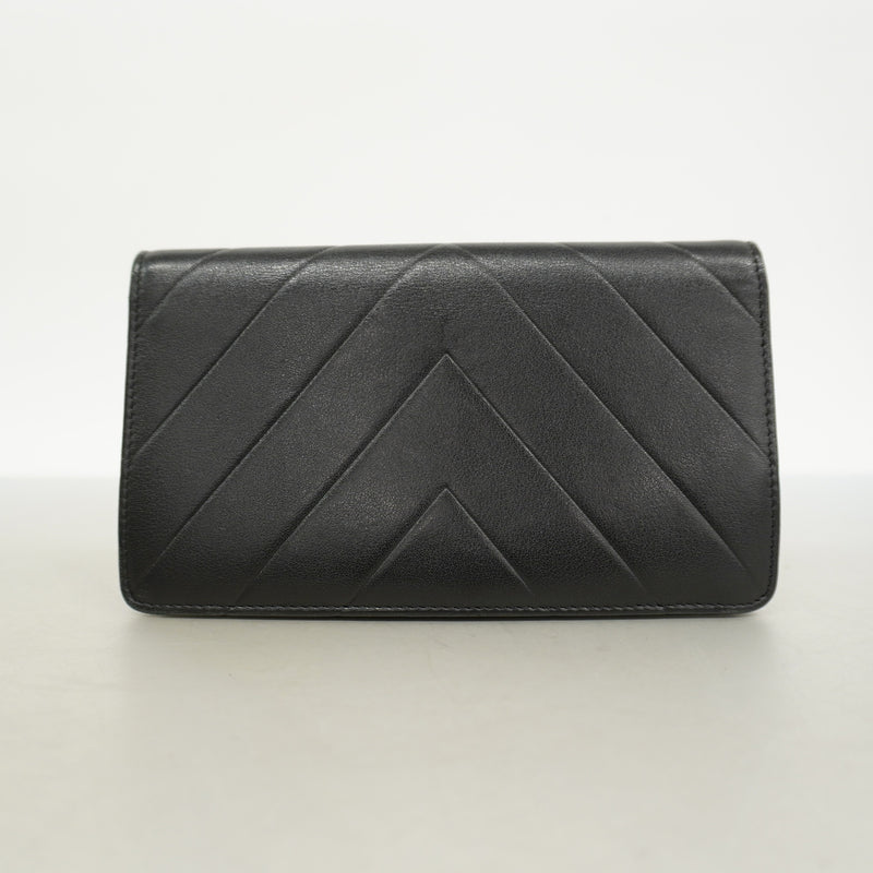 【6hc1752-k】シャネル 長財布 Vステッチ レザー ブラック シルバー金具【中古】レディース