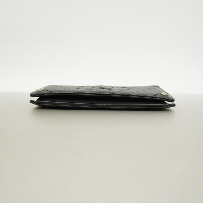 【6hc1752-k】シャネル 長財布 Vステッチ レザー ブラック シルバー金具【中古】レディース