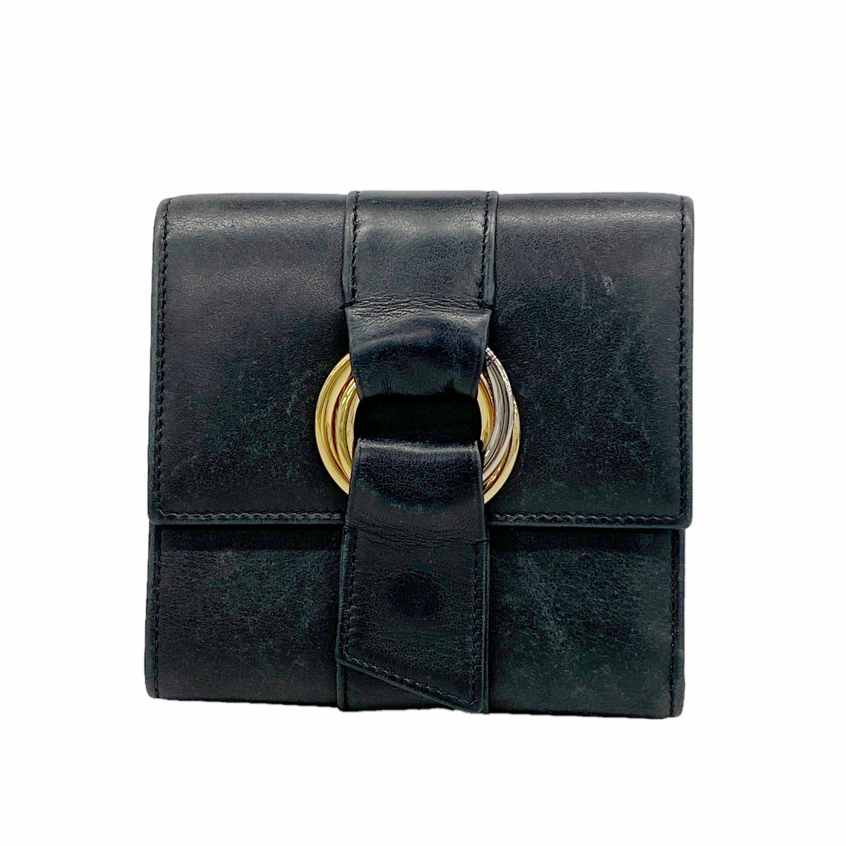 【6hc1781】カルティエ 三つ折り財布 トリニティ レザー ブラック ゴールド/シルバー金具【中古】レディース
