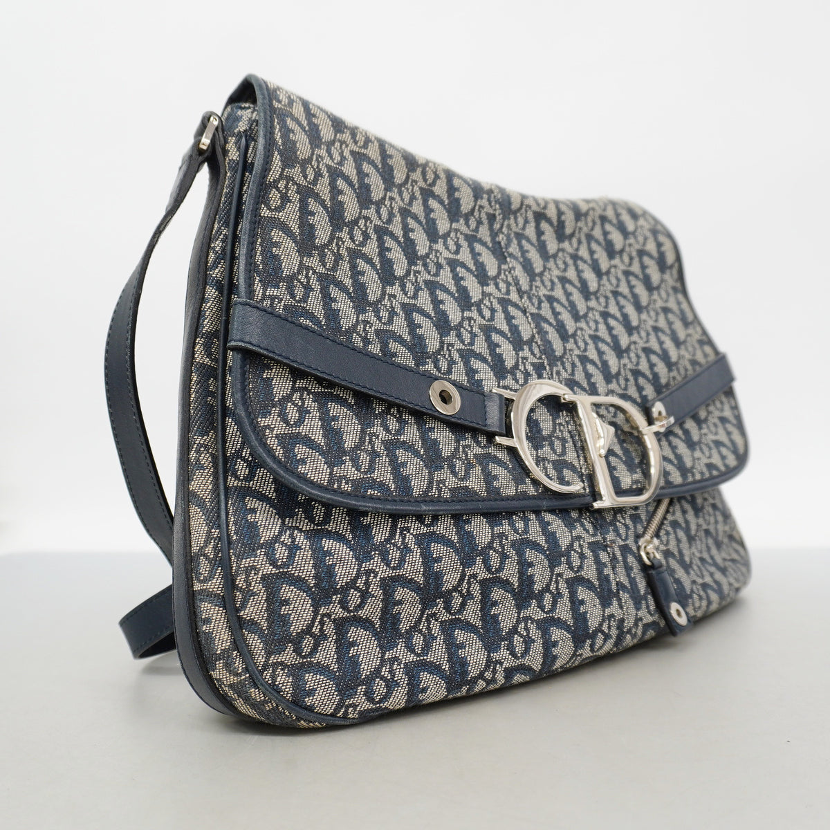 【6hc1903】クリスチャンディオール ショルダーバッグ トロッター キャンバス ネイビー シルバー金具【中古】レディース