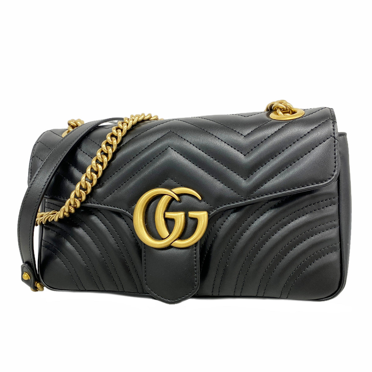 【6hc2028-k】グッチ ショルダーバッグ GGマーモント 443497 レザー ブラック ゴールド金具【中古】レディース