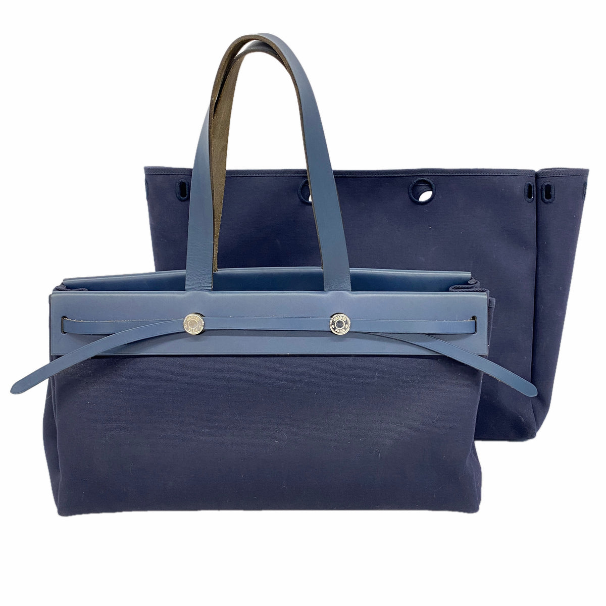 【6hc2102】エルメス トートバッグ エールバッグカバス トワルアッシュ ネイビー シルバー金具 □F刻印【中古】レディース