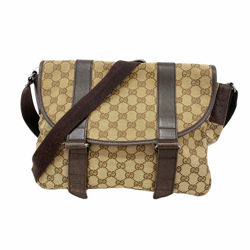 【6hc2255-k】グッチ ショルダーバッグ GGキャンバス 145859 キャンバス ブラウン シルバー金具【中古】レディース