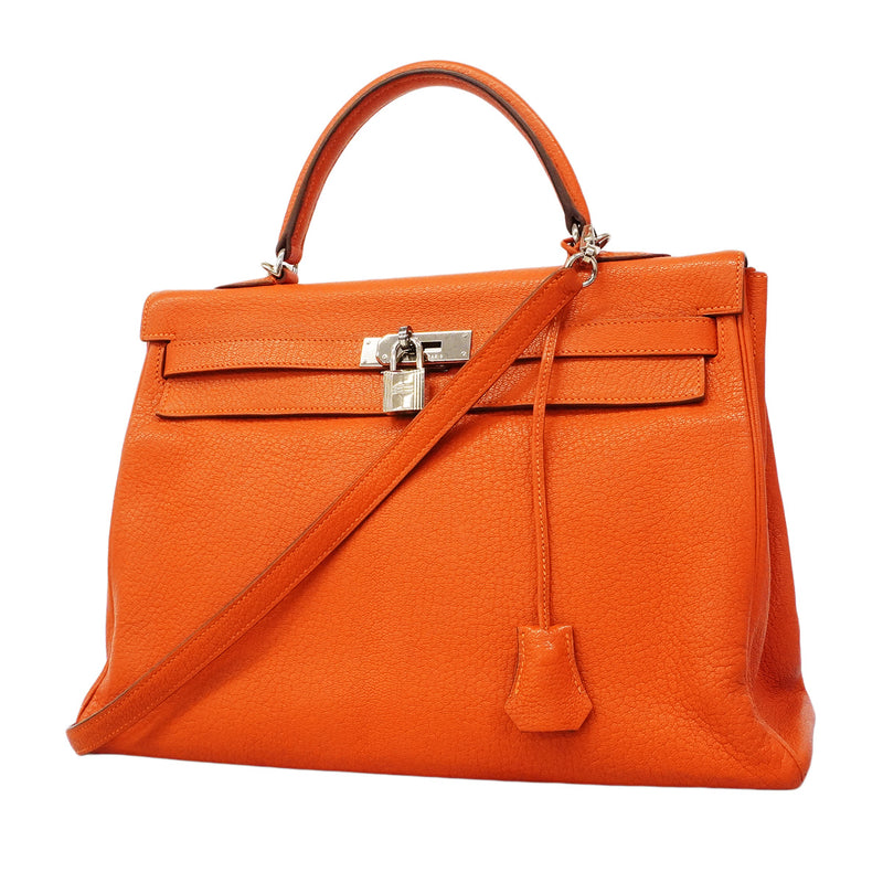 【6hc2613】エルメス ハンドバッグ ケリー35 シェーブル オレンジ シルバー金具 □M刻印 2wayバッグ【中古】レディース