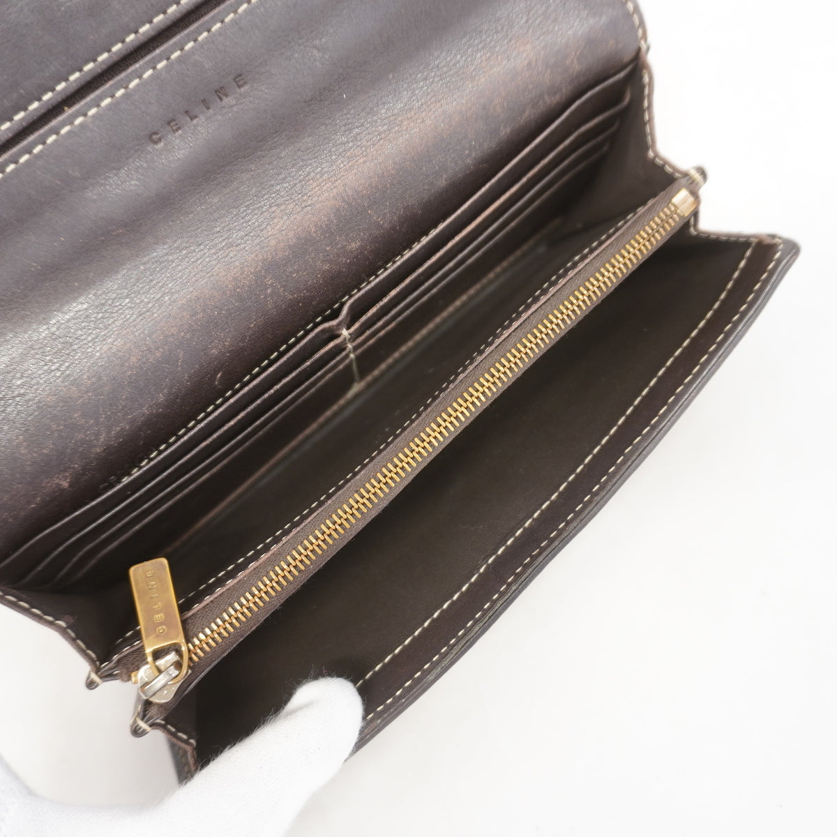 【6hc2865】セリーヌ 長財布 トリオンフ ナイロンキャンバス ブラウン ゴールド金具【中古】レディース