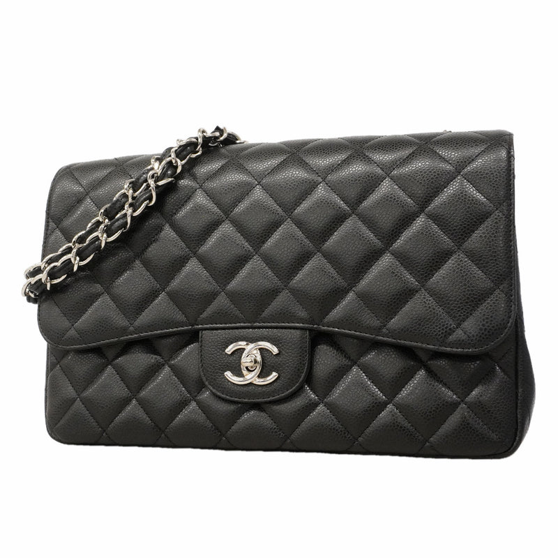 【6hd3064-h】シャネル ショルダーバッグ デカマトラッセ Wチェーン キャビアスキン ブラック シルバー金具【中古】レディース