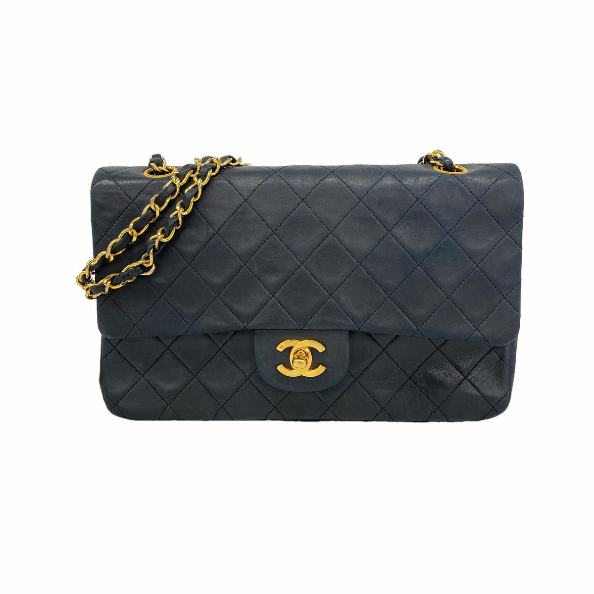 【6hd3232】シャネル ショルダーバッグ マトラッセ Wフラップ Wチェーン ラムスキン ブラック ゴールド金具【中古】レディース