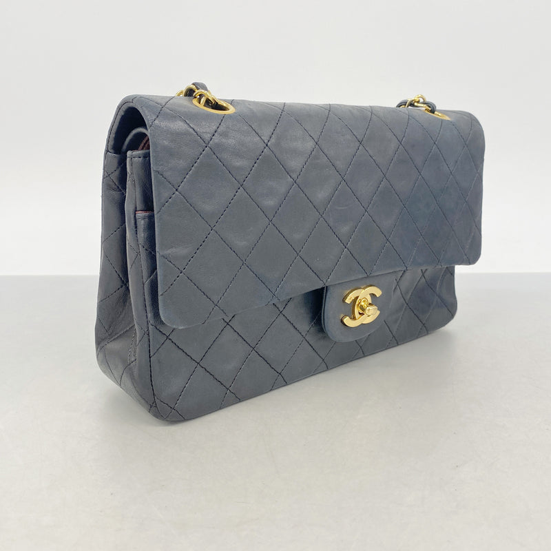 【6hd3232】シャネル ショルダーバッグ マトラッセ Wフラップ Wチェーン ラムスキン ブラック ゴールド金具【中古】レディース