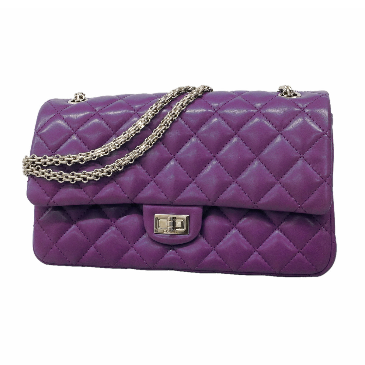 【6hd3487】シャネル ショルダーバッグ 2.55 Wフラップ Wチェーン ラムスキン パープル シルバー金具【中古】レディース