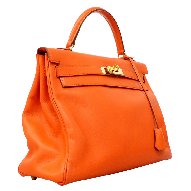【6hd3589】エルメス ハンドバッグ ケリー32 ヴォーガリバー オレンジ ゴールド金具 □A刻印 2wayバック【中古】レディース