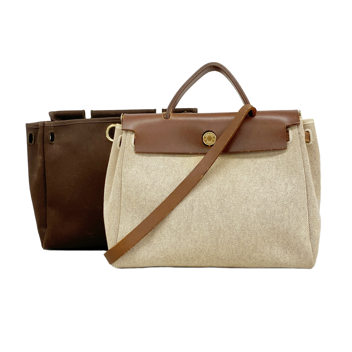 【6hd3908】エルメス ハンドバッグ エールバッグPM トワルアッシュ ブラウン ゴールド金具 □F刻印 2wayバッグ【中古】レディース