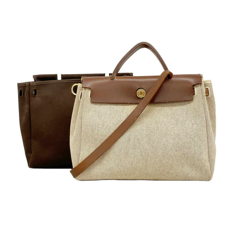 【6hd3908】エルメス ハンドバッグ エールバッグPM トワルアッシュ ブラウン ゴールド金具 □F刻印 2wayバッグ【中古】レディース