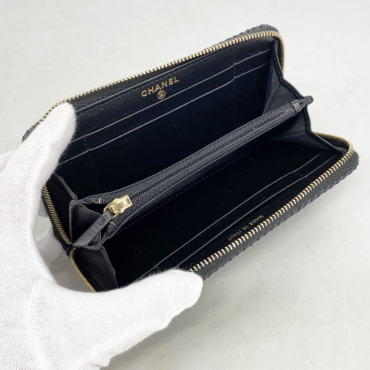 【6hd3946-k】シャネル コインケース ドーヴィル ストロー ブラック ネイビー ゴールド金具【中古】レディース