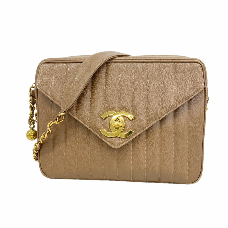 【6hd4077-e】シャネル ショルダーバッグ マドモアゼル チェーンショルダー デカココ キャビアスキン ライトブラウン ゴールド金具【中古】レディース