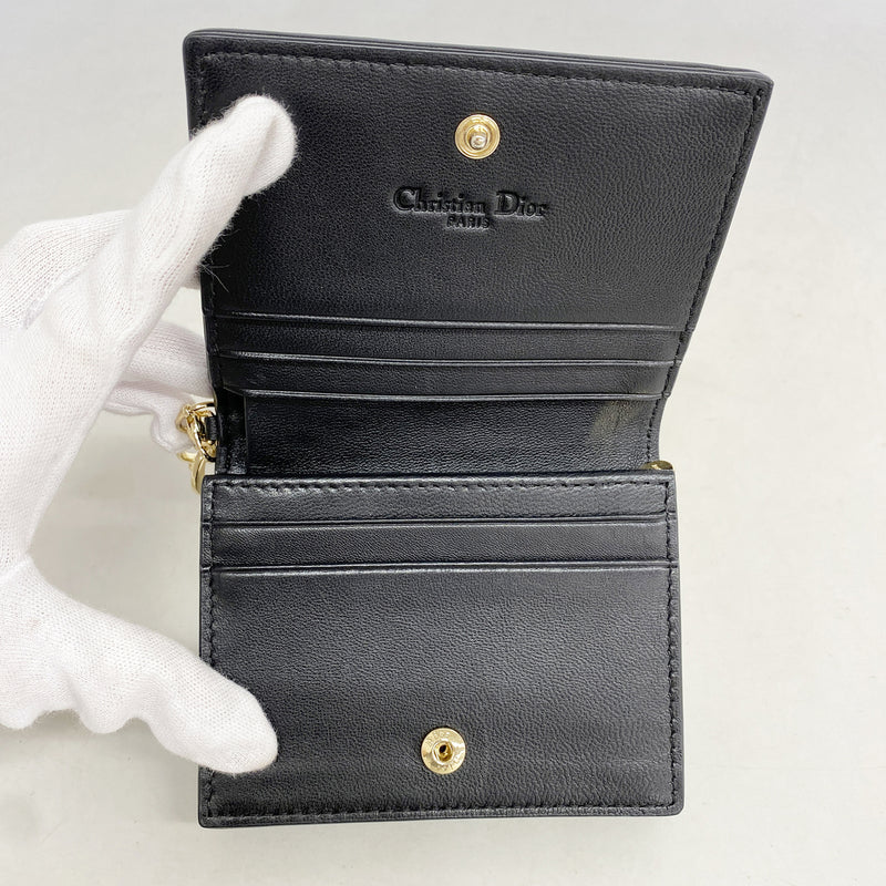 【6hd4088】クリスチャンディオール 財布 カナージュ レザー ブラック シャンパンゴールド金具【中古】レディース