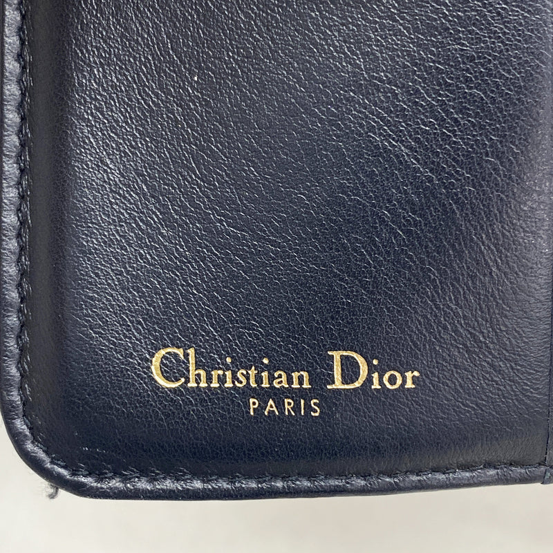 【6hd4089】クリスチャンディオール 三つ折り財布 オブリーク サドル キャンバス ネイビー ゴールド金具【中古】レディース