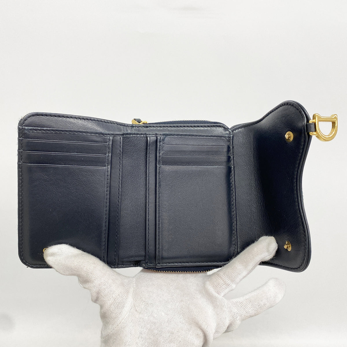 【6hd4089】クリスチャンディオール 三つ折り財布 オブリーク サドル キャンバス ネイビー ゴールド金具【中古】レディース