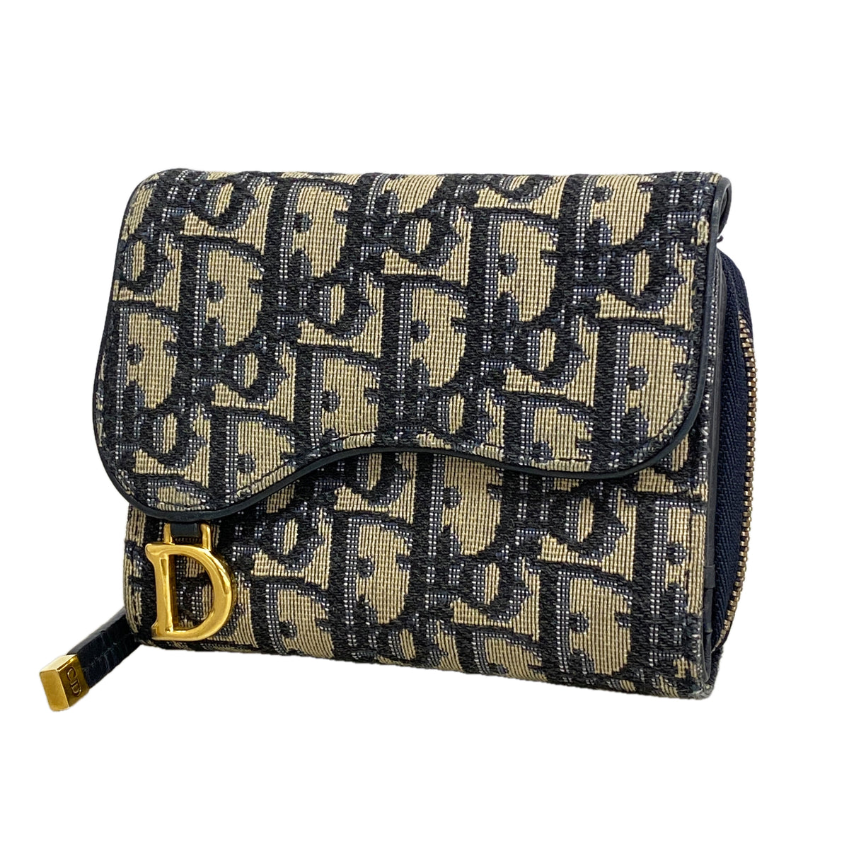 【6hd4089】クリスチャンディオール 三つ折り財布 オブリーク サドル キャンバス ネイビー ゴールド金具【中古】レディース