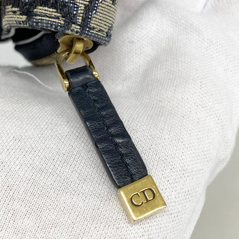 【6hd4089】クリスチャンディオール 三つ折り財布 オブリーク サドル キャンバス ネイビー ゴールド金具【中古】レディース