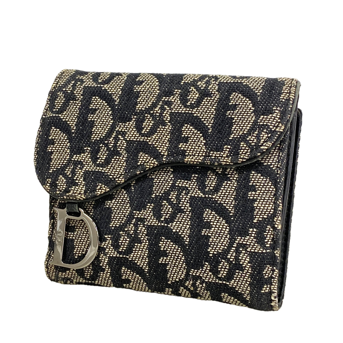【6hd4187】クリスチャンディオール 三つ折り財布 サドル キャンバス ブラック ベージュ シルバー金具【中古】レディース