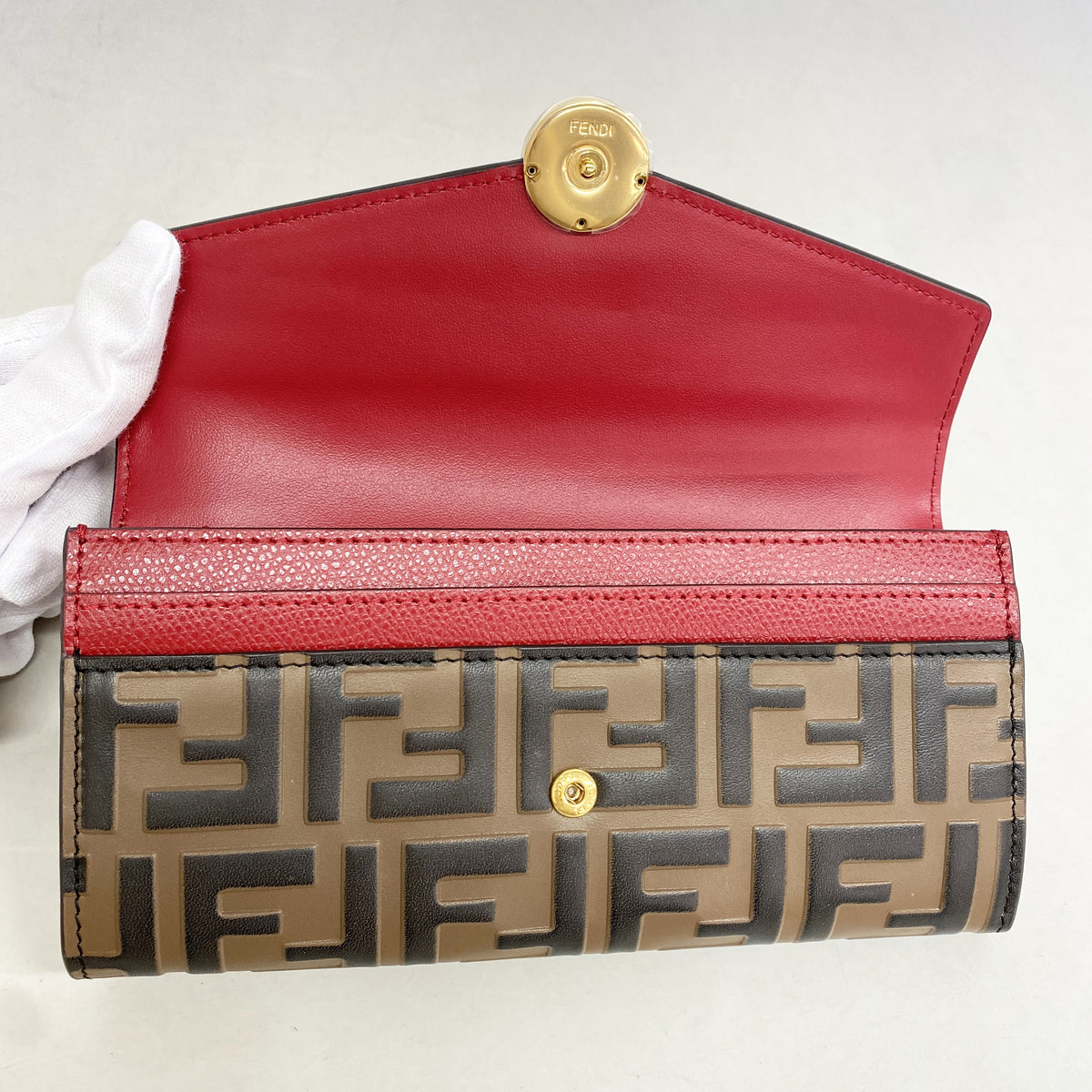 【6hd4189】フェンディ 長財布 レザー レッド ブラウン ゴールド金具【中古】レディース