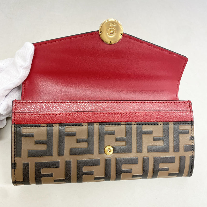 【6hd4189】フェンディ 長財布 レザー レッド ブラウン ゴールド金具【中古】レディース
