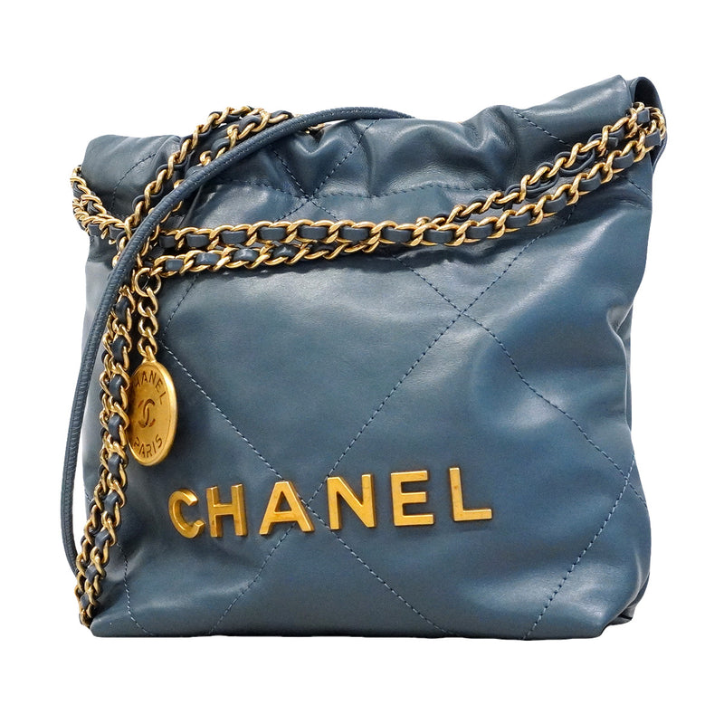 【6hd4399】シャネル ショルダーバッグ チェーンショルダー シャネル22ミニ カーフ ブルー ゴールド金具【中古】レディース