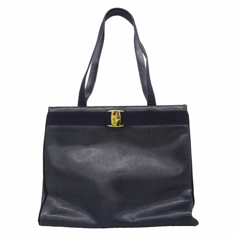 【6he4476】サルヴァトーレフェラガモ トートバッグ ヴァラ レザー ネイビー ゴールド金具【中古】レディース