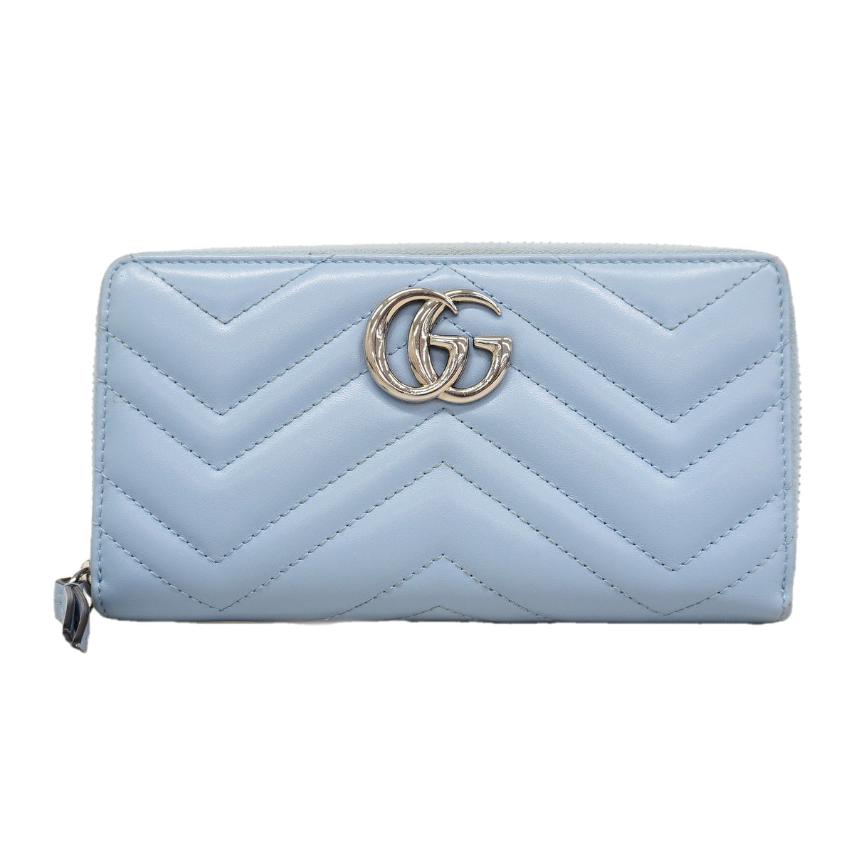 【6he4545-k】グッチ 長財布 GGマーモント 443123 レザー ライトブルー シルバー金具【中古】レディース