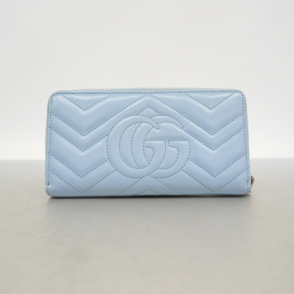 【6he4545-k】グッチ 長財布 GGマーモント 443123 レザー ライトブルー シルバー金具【中古】レディース